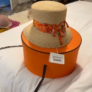 Hermes  chapeau Rafia hat with orange silk